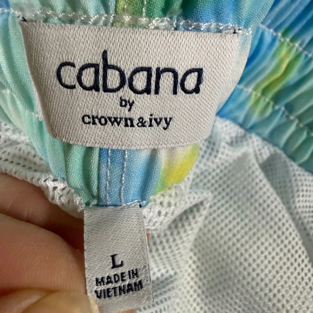 Cabana by Crown & Ivy Swim Trunks Men L Blue Yellow Tie Dye Tropical Beach Short